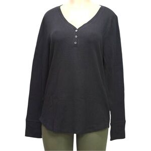 Faded Glory Size XXL(20) Black Waffle Knit Long Sleeve Vneck Button Front Henley